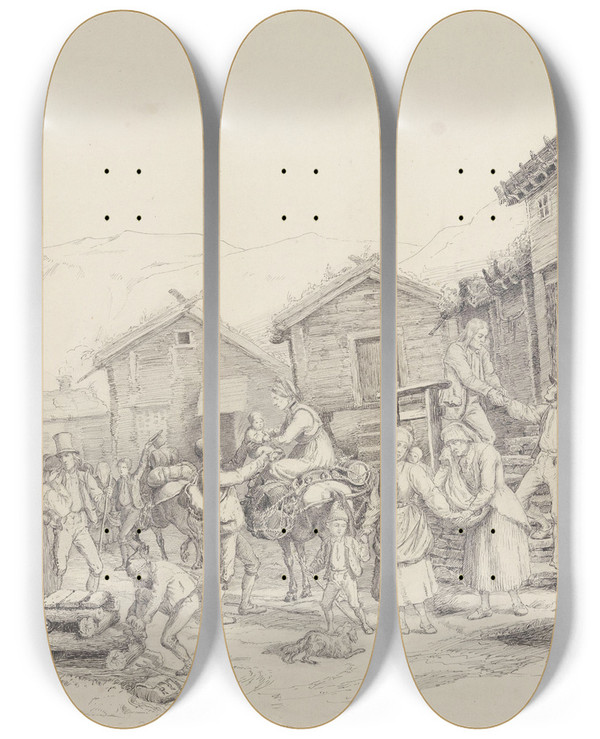 Triptych art skateboard deck of Adolph Tidemand Utvandring by Adolph Tidemand (1814-1876)