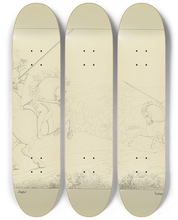 Triptych art skateboard deck of Ferdinand Fellner Siegfried And Ldegast by Ferdinand Fellner (1799-1859)
