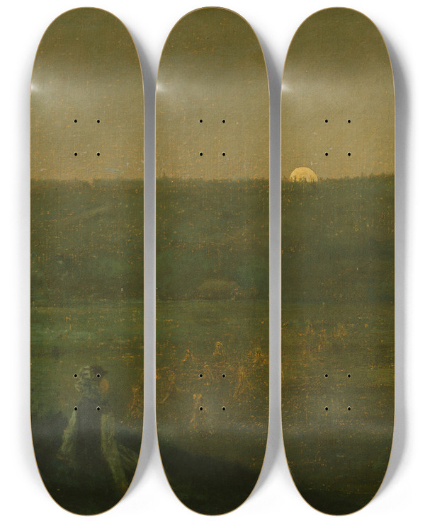 Triptych art skateboard deck of George Fuller Moonrise by George Fuller (1822-1884)