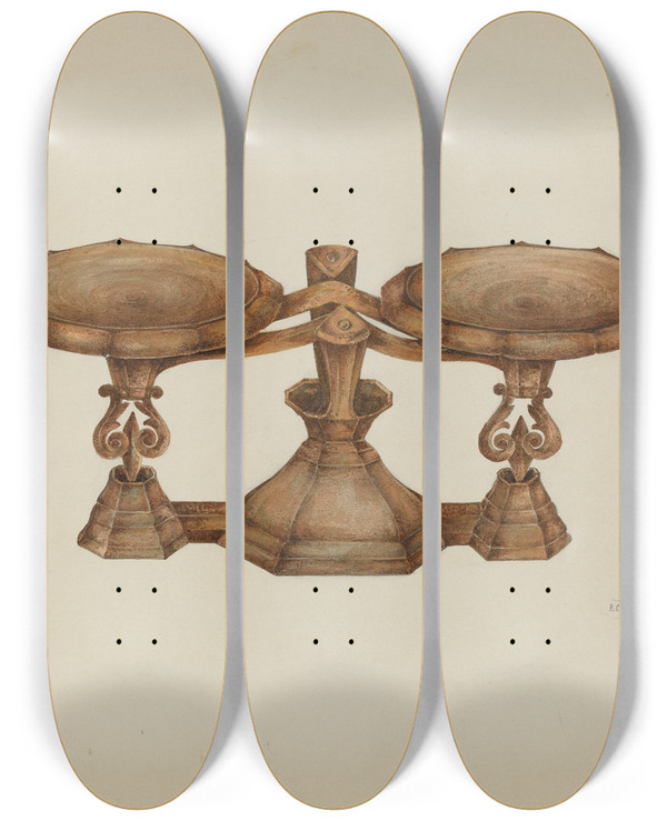 Triptych art skateboard deck of Peter Connin Scales by Peter Connin