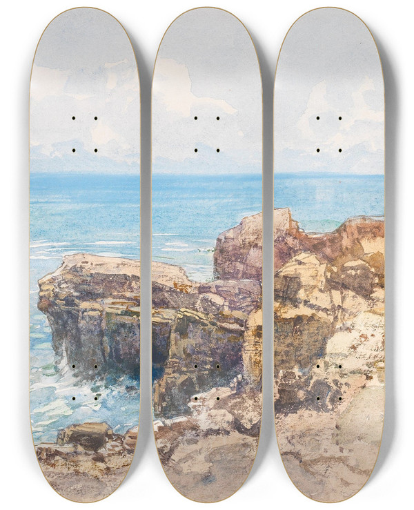 Triptych art skateboard deck of Fritz Lach Seacoast by Fritz Lach (1868-1933)