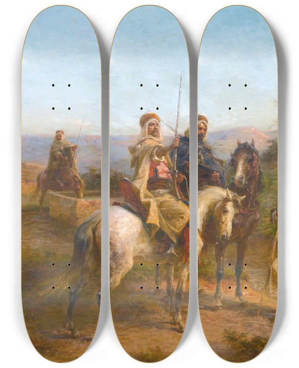 Triptych art skateboard deck of Paul Philippoteaux Cavaliers Dans Le Desert by Paul Philippoteaux (1846-1923)