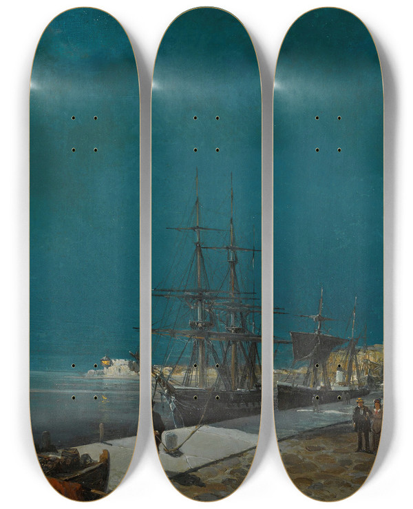 Triptych art skateboard deck of Constantinos Volanakis Harbour By Night by Konstantinos Volanakis (1837-1907)