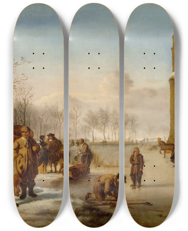 Triptych art skateboard deck of Ida Silfverberg Ice Skaters by Ida Silfverberg (1834-1899)