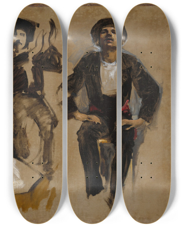 Triptych art skateboard deck of John Singer Sargent Study For Seated Figures For El Jale by John Singer Sargent (1856-1925)
