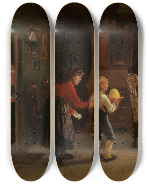 Triptych art skateboard deck of Adolph Tidemand Anmeldelse Til Konfirmasjon by Adolph Tidemand (1814-1876)