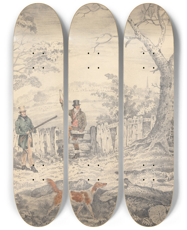Triptych art skateboard deck of Edwin Gill Setters And Pheasant by Edwin Gill