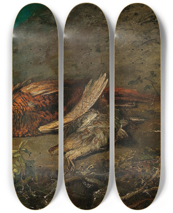 Triptych art skateboard deck of Carl Spitzweg Stillleben Mit Fasan Und Schnepfe by Carl Spitzweg (1808-1880)