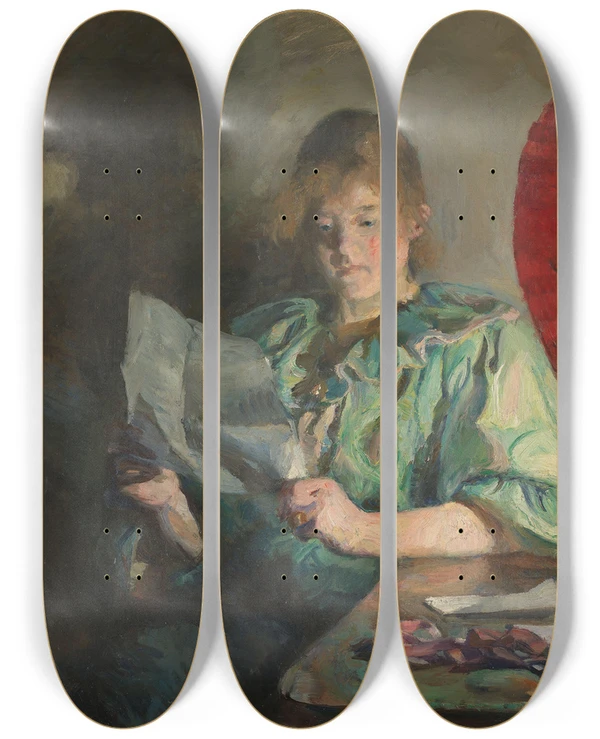 Triptych art skateboard deck of Harriet Backer Evening Interior by Harriet Backer (1845-1932)
