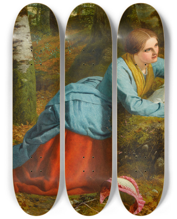 Triptych art skateboard deck of Frederick Richard Pickersgill Happy Hours The Path Where The Brown Leaves Are Spread by Frederick Richard Pickersgill (1820-1900)