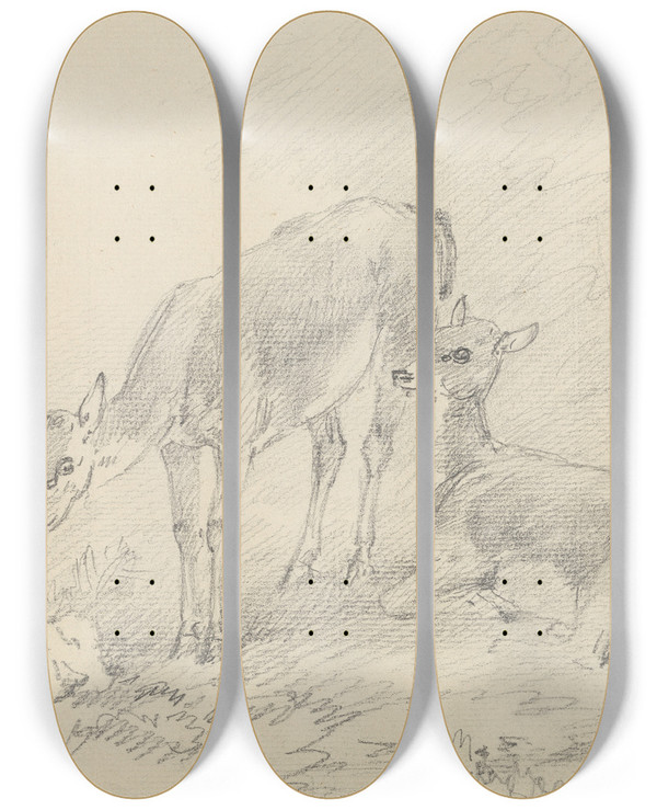 Triptych art skateboard deck of Sawrey Gilpin Two Deer by Sawrey Gilpin (1733-1807)