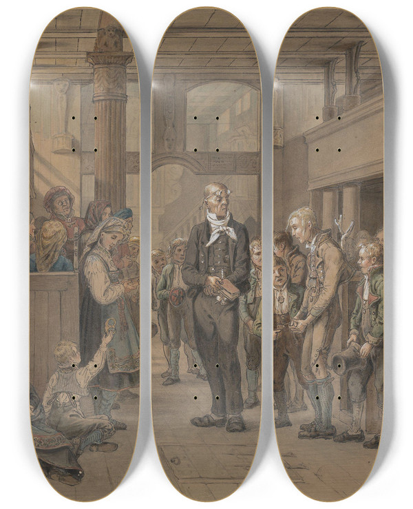 Triptych art skateboard deck of Adolph Tidemand Katekisasjon by Adolph Tidemand (1814-1876)