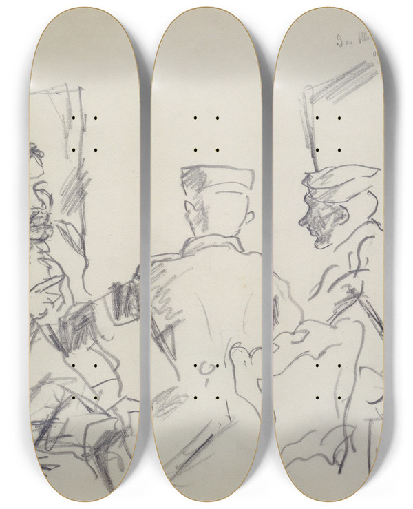Triptych art skateboard deck of Max Beckmann Drei Mnner Auf Sthlen Sitzend by Max Beckmann (1884-1950)