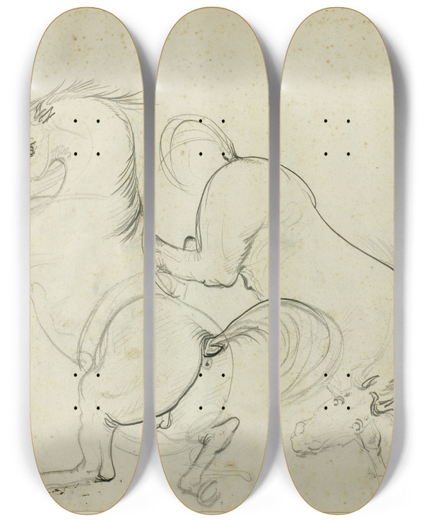 Triptych art skateboard deck of Carle Vernet Two Horses Cavorting by Carle Vernet (1758-1836)