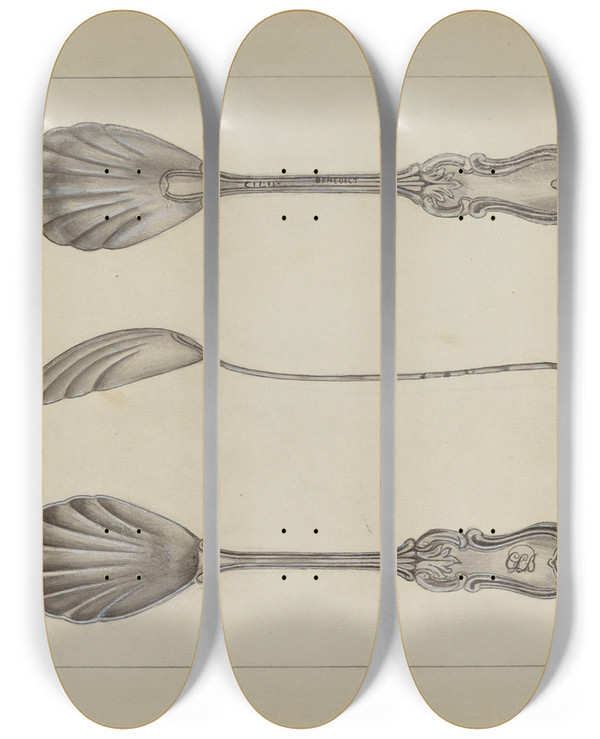 Triptych art skateboard deck of Anthony Zuccarello Two Silver Sugar Spoons by Anthony Zuccarello