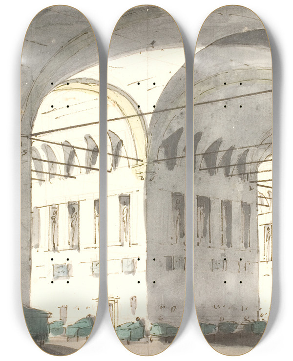 Triptych art skateboard deck of Aron Wallick Interir Med Store Buer Og Senge by Aron Wallick (1779-1845)