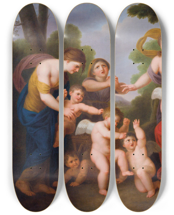 Triptych art skateboard deck of Andries Cornelis Lens A Fight Between Putti by Andries Cornelis Lens (1739-1822)