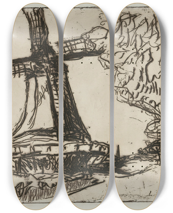 Triptych art skateboard deck of Ernst Ludwig Kirchner Windmhle Auf Fehmarn Dube E 48 by Ernst Ludwig Kirchner (1880-1938)