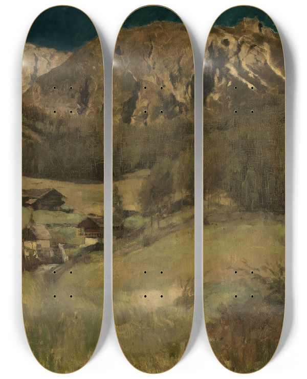 Triptych art skateboard deck of Carl Schuch Landscape From Tyrol by Carl Schuch (1846-1903)
