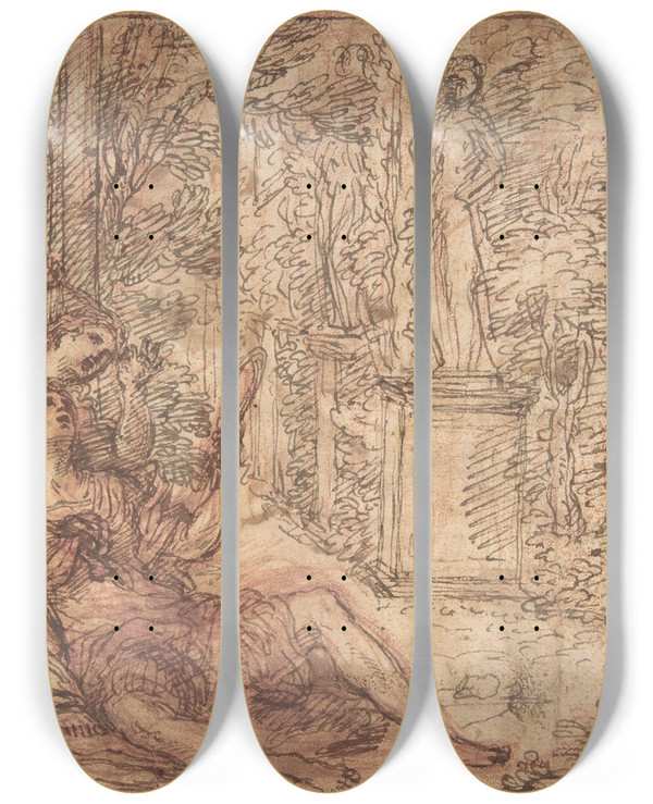Triptych art skateboard deck of Giuseppe Passeri Rinaldo And Armida by Giuseppe Passeri (1654-1714)