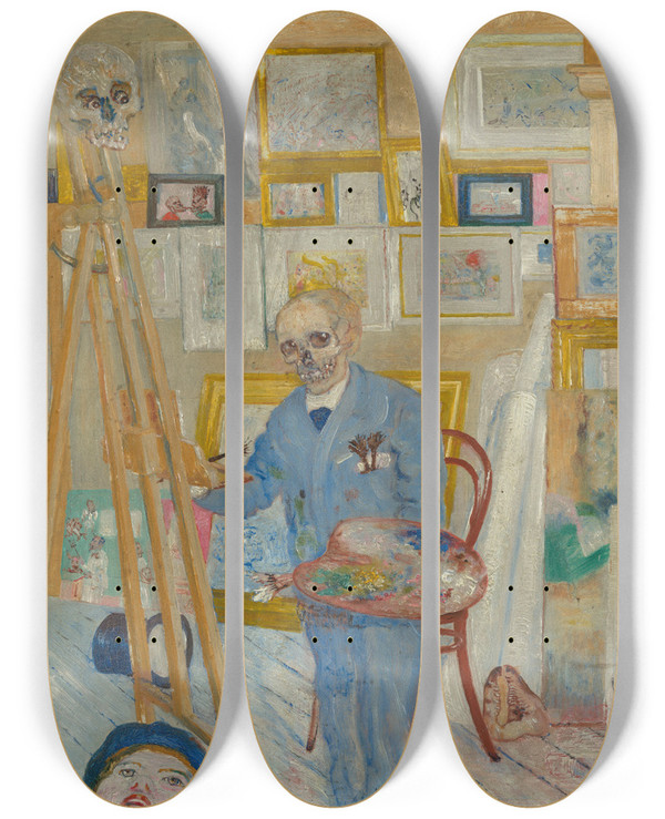 Triptych art skateboard deck of James Ensor The Skeleton Painter by James Ensor (1860-1949)