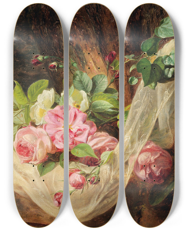 Triptych art skateboard deck of Andreas Lach Still Life With Roses On A Forest Floor by Andreas Lach (1817-1882)