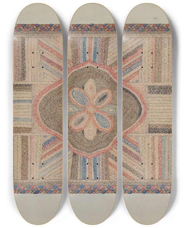Triptych art skateboard deck of Elbert S Mowery Shirred Rug by Elbert S Mowery