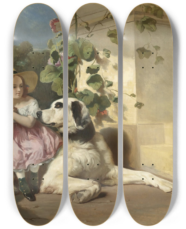 Triptych art skateboard deck of Alfred De Dreux Innocence Between Two Thieves by Alfred De Dreux (1810-1860)