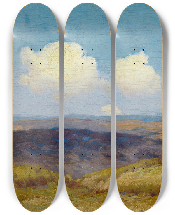 Triptych art skateboard deck of Julian Onderdonk Flying Shadows by Julian Onderdonk (1882-1922)