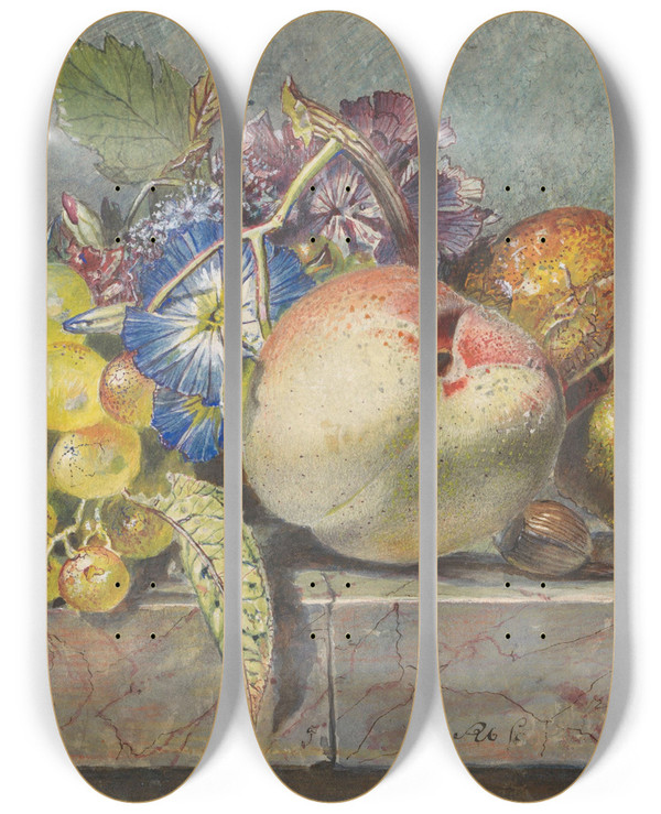 Triptych art skateboard deck of Albertus Steenbergen Vruchten En Bloemstilleven by Albertus Steenbergen (1814-1900)