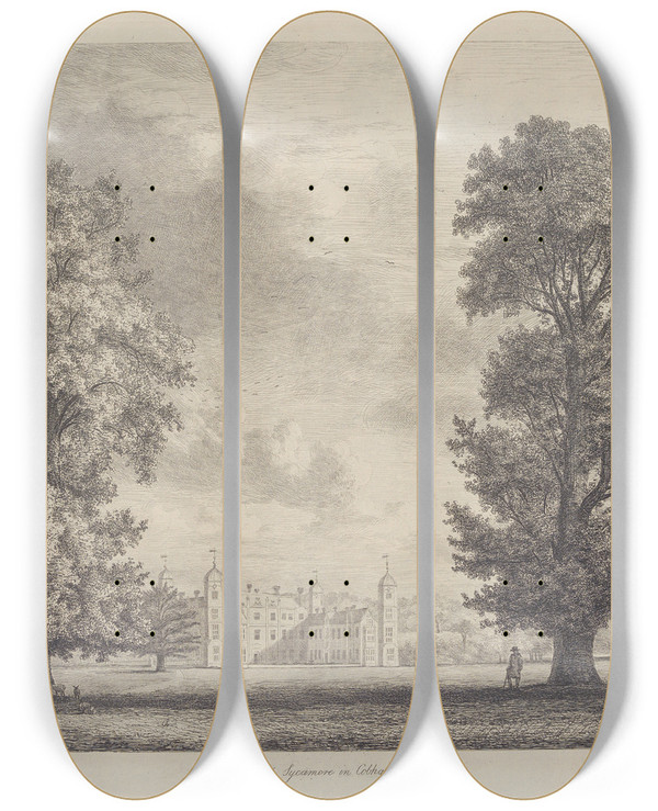 Triptych art skateboard deck of Jacob George Strutt The Sycamore And Lime In Cobham Park by Jacob George Strutt (1784-1867)
