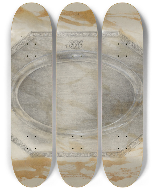 Triptych art skateboard deck of Alfred Nason Silver Platter by Alfred Nason