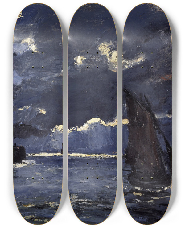Triptych art skateboard deck of Claude Monet A Seascape Shipping By Moonlight by Claude Monet (1840-1926)