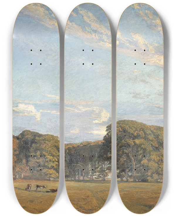 Triptych art skateboard deck of Aksel M Lassen Eremitagesletten by Aksel M Lassen (1870-1946)