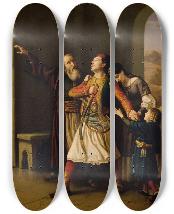 Triptych art skateboard deck of Leopold Loeffler Ein Griechischer Krieger Nimmt Abschied by Leopold Loeffler (1827-1898)