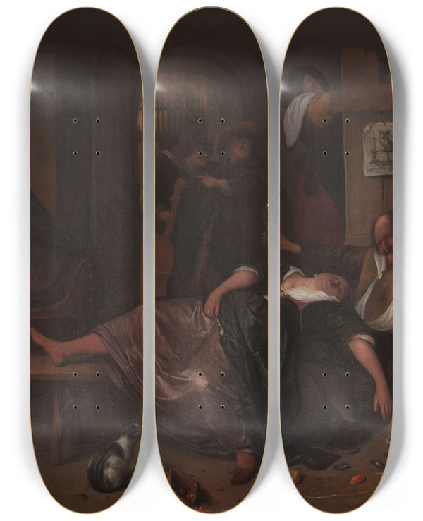 Triptych art skateboard deck of Jan Steen The Drunken Couple by Jan Steen (1626-1679)