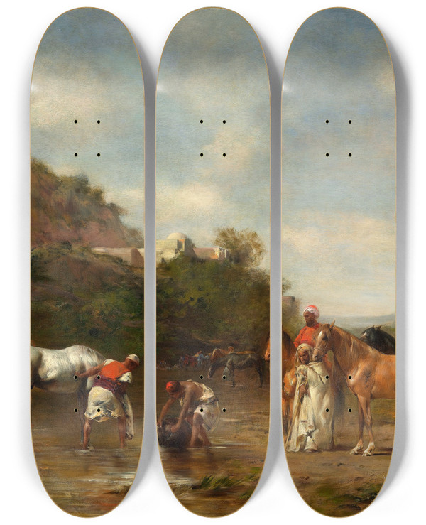 Triptych art skateboard deck of Eugne Fromentin Arabs Watering Their Horses by Eugene Fromentin (1820-1876)