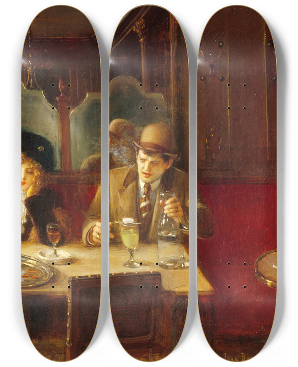 Triptych art skateboard deck of Jean Braud Au Caf Dit Labsinthe by Jean Beraud (1849-1935)