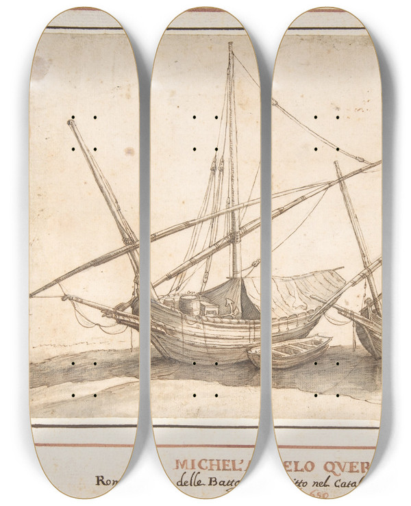 Triptych art skateboard deck of Michelangelo Cerquozzi Four Boats by Michelangelo Cerquozzi (1602-1660)