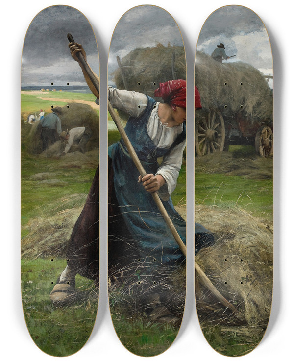 Triptych art skateboard deck of Julien Dupr Haying Scene by Julien Dupre (1851-1910)
