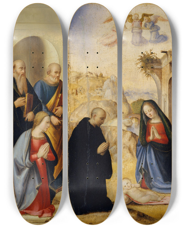 Triptych art skateboard deck of Ridolfo Ghirlandaio The Nativity With Saints by Ridolfo Ghirlandaio (1483-1561)