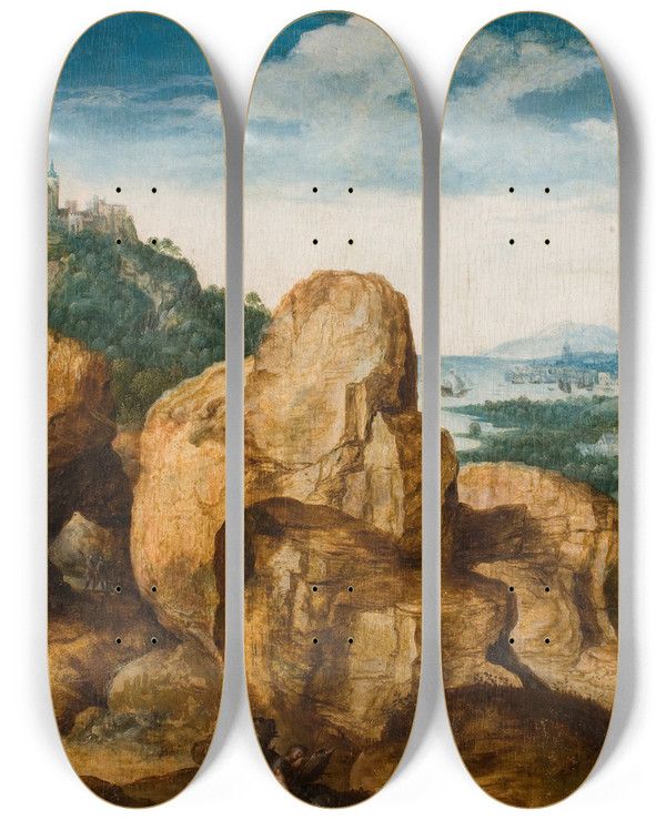 Triptych art skateboard deck of Cornelis Massijs Landscape With The Flight To Egypt by Cornelis Massijs (1510-1115)