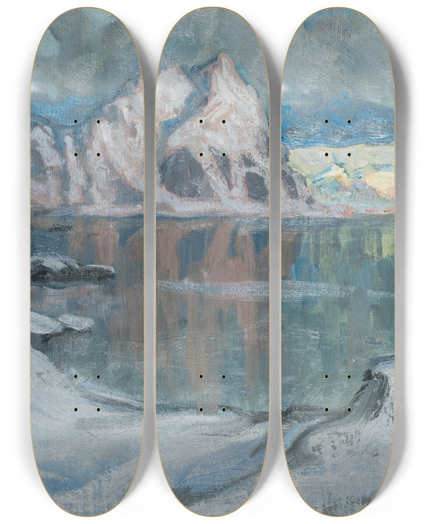 Triptych art skateboard deck of Anna Boberg Boats Between The Mountains Study From Lofoten by Anna Boberg (1864-1935)