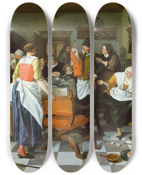 Triptych art skateboard deck of Jan Steen Celebrating The Birth by Jan Steen (1626-1679)