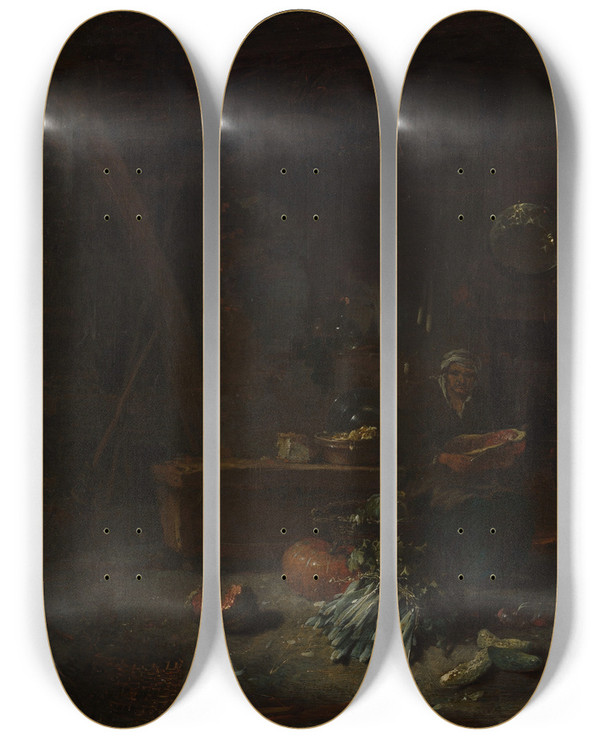 Triptych art skateboard deck of Willem Kalf Interior Of A Kitchen by Willem Kalf (1619-1693)