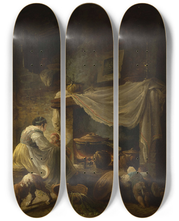 Triptych art skateboard deck of Hubert Robert Peasant Kitchen In Ruins Italian Kitchen by Hubert Robert (1733-1808)