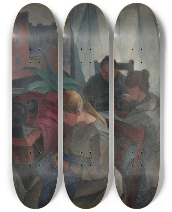 Triptych art skateboard deck of Alvar Cawn Seamstress by Alvar Cawen (1886-1935)