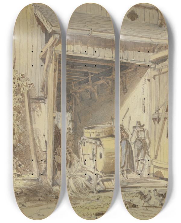 Triptych art skateboard deck of Heinrich Brkel Scheune Mit Dreschenden Bauern by Heinrich Burkel (1802-1869)
