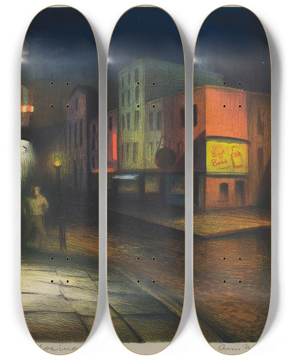 Triptych art skateboard deck of Ann Nooney Closing Time by Ann Nooney (1900-1970)
