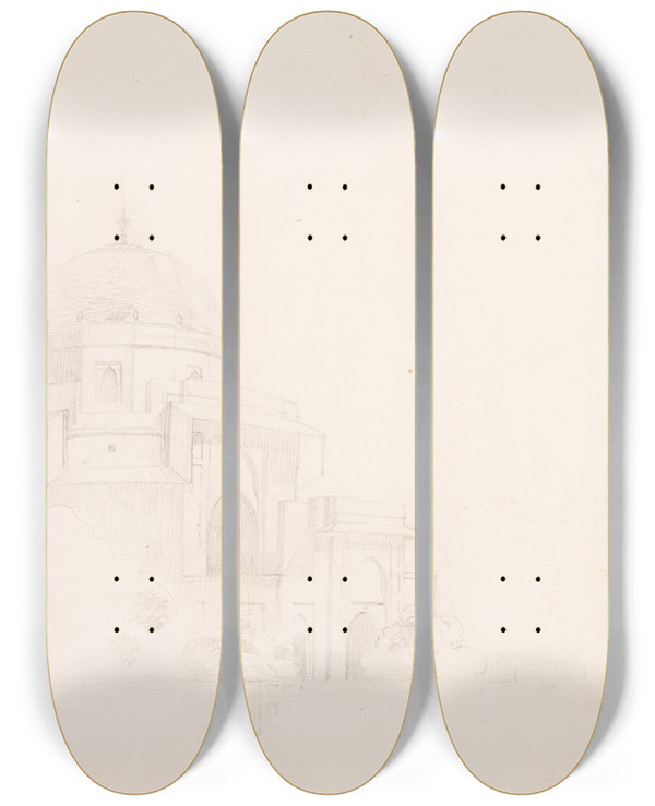 Triptych art skateboard deck of Erasmus Von Engert Sketchbook Drawings Pl10 by Erasmus Von Engert (1796-1871)